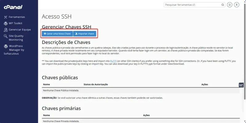 Como criar chaves SSH cPanel Criando par de chave SSH no cPanel