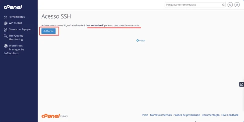Como autorizar chave SSH no cPanel Como autorizar chave SSH no cPanel